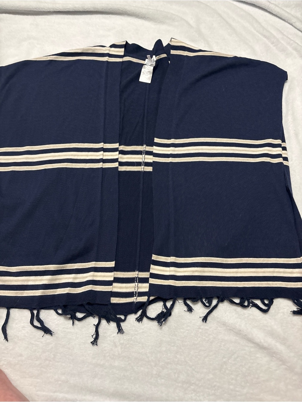 Denim&Co Navy and Cream Striped Fringe Poncho